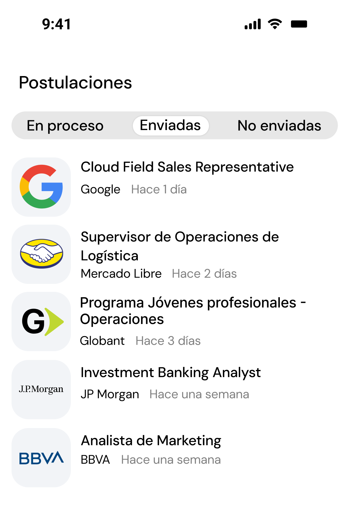 Lista de postulaciones enviadas, en proceso y no enviadas